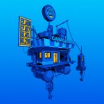 Un garage "garage 3000" futuriste qui vole en low poly avec peu de couleurs mais un gros
